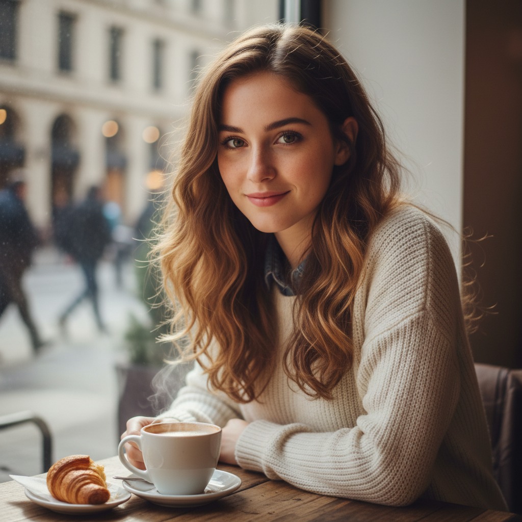A young woman with long wavy brown hair sits at a wooden table in a cafe, smiling at the camera with a cup of coffee and a croissant in front of her.